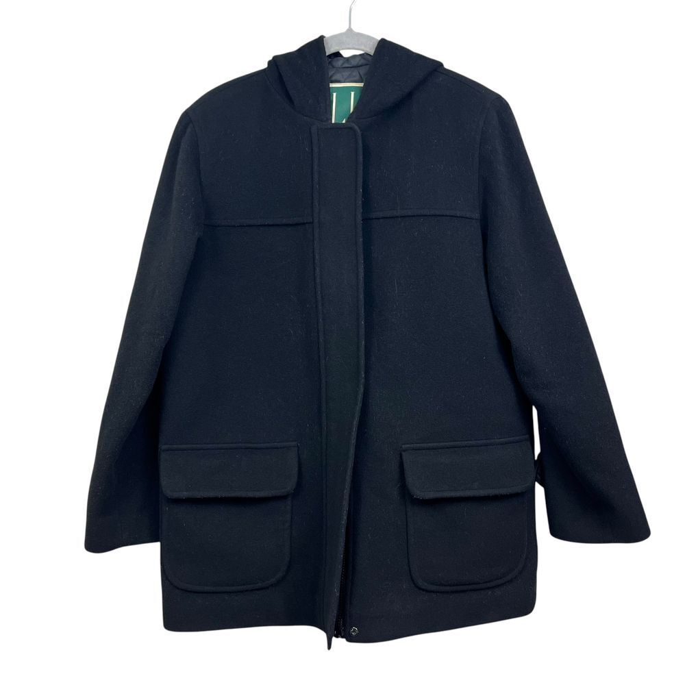 Larry Levine Sport Women Wool Hooded Coat Black Quilted Lining Flap Pockets Sz 6